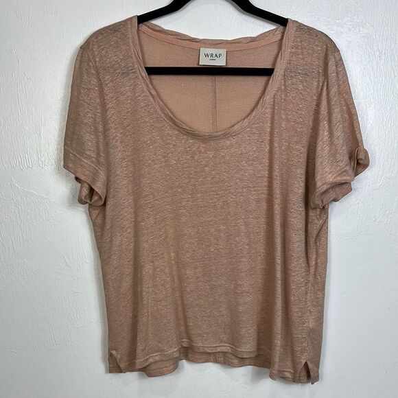 Wrap London Linen Short Sleeve Scoop Neck T-Shirt In Pale Peach Size 14 - Picture 1 of 7